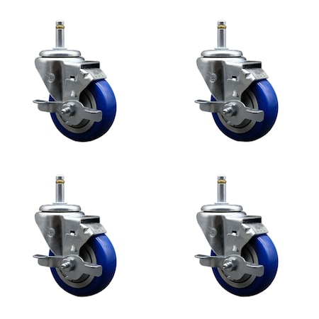 Service Caster 3.5'' Blue Poly Swivel 7/16'' Grip Ring Stem Caster Set with Brake, 4PK SCC-GR20S3514-PPUB-BLUE-TLB-716138-4